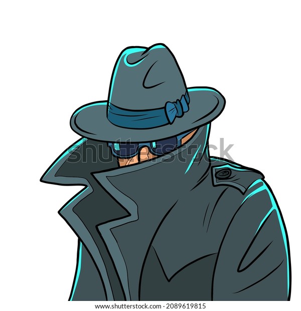 spy in\
a raincoat, hat and black glasses, covered\
face