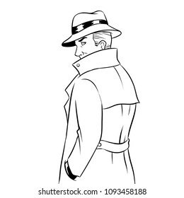 Spy in raincoat and hat coloring retro vector illustration. Isolated image on white background. Comic book style imitation.