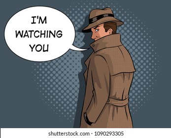 Spy in raincoat and hat pop art retro vector illustration. Text bubble. Comic book style imitation.