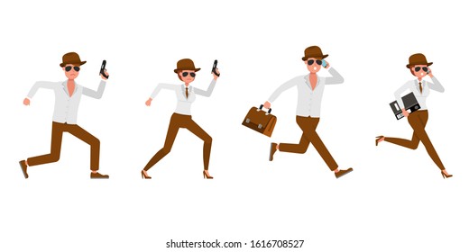 Spy secret agent character vector design. Presentation in various action. no7