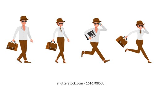 Spy secret agent character vector design. Presentation in various action. no8