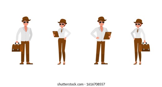 Spy secret agent character vector design. Presentation in various action.