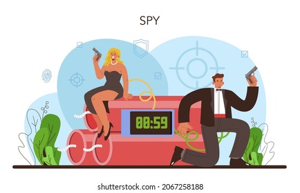 Spy. Secret agent or fbi investigating crime. Protection of espionage, cyberattack and terrorist. Special secret service. Flat vector illustration