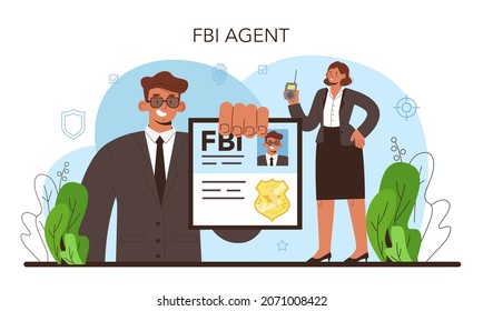 Espía. Agente secreto o FBI investigando el crimen. Protección del espionaje, ciberataques y terroristas. Servicio secreto especial. Ilustración vectorial plana