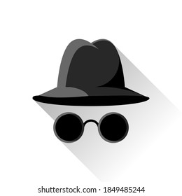 spy, secret agent, incognito flat design icon vector illustration eps10. hat and glasses with long shadow on white background. sign, symbol, logo