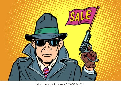 spy secret agent start sales. Comic cartoon pop art retro vector illustration drawing