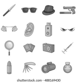 Spy and security icons set in black monochrome style. Detective equipment set collection vector illustration