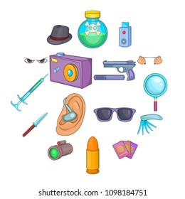 Spy and security icons set in cartoon style. Detective equipment set collection vector illustration