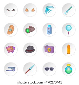 Spy and security icons set in cartoon style. Detective equipment set collection vector illustration