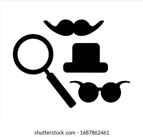 juego de espías - sombrero, gafas de sol, bigote falso y lupa