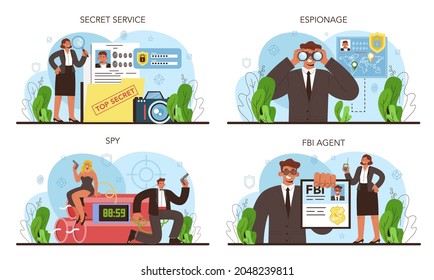 Spy set. Secret agent or fbi investigating crime. Protection of espionage, cyberattack and terrorist. Special secret service. Flat vector illustration