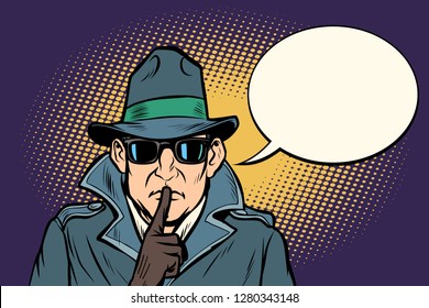 Spy Shhh Gesture Man Silence Secret. Comic Cartoon Pop Art Retro Vector Illustration Drawing