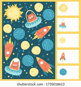 I spy. Space Educational Maze Puzzle Games, suitable for book print, apps, education. Funny vector simple cartoon illustration on a white background.