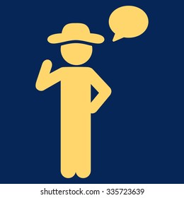 Spy Speech vector icon. Style is flat symbol, yellow color, rounded angles, blue background.