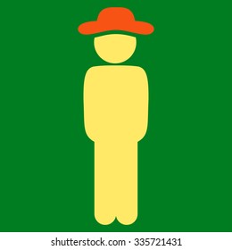 Spy Standing vector icon. Style is bicolor flat symbol, orange and yellow colors, rounded angles, green background.