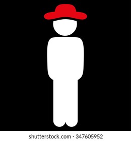 Spy Standing vector icon. Style is bicolor flat symbol, red and white colors, rounded angles, black background.