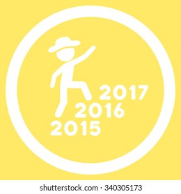 Spy Steps Years vector icon. Style is flat circled symbol, white color, rounded angles, yellow background.