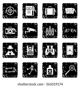 Spy tools icons set in grunge style isolated on white background vector illustration