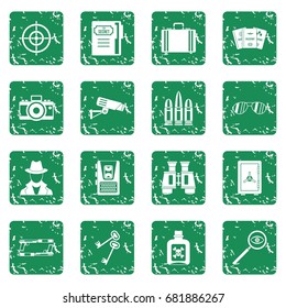 Spy tools icons set in grunge style green isolated vector illustration