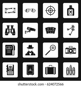 Spy tools icons set in white squares on black background simple style vector illustration