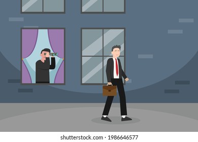 Spy Vector Concept: A Spy Man Looking At Businessman With Binocular While Carrying Briefcase