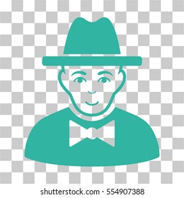 Spy vector icon. Illustration style is flat iconic cyan symbol on a chess transparent background.