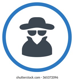 Spy vector icon. Style is bicolor flat circled symbol, smooth blue colors, rounded angles, white background.