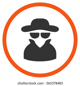 Spy vector icon. Style is bicolor flat circled symbol, orange and gray colors, rounded angles, white background.
