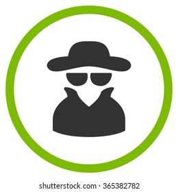 Spy vector icon. Style is bicolor flat circled symbol, eco green and gray colors, rounded angles, white background.