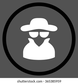 Spy vector icon. Style is bicolor flat circled symbol, black and white colors, rounded angles, gray background.