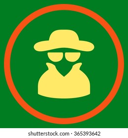 Spy vector icon. Style is bicolor flat circled symbol, orange and yellow colors, rounded angles, green background.