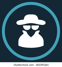 Spy vector icon. Style is bicolor flat circled symbol, blue and white colors, rounded angles, dark blue background.