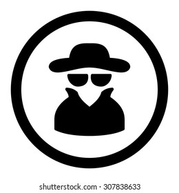 Spy vector icon. This rounded flat symbol is drawn with black color on a white background.