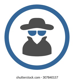 Spy vector icon. This rounded flat symbol is drawn with cobalt and gray colors on a white background.