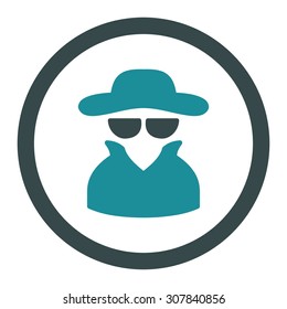 Spy vector icon. This rounded flat symbol is drawn with soft blue colors on a white background.