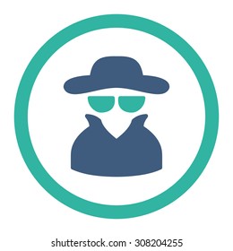 Spy vector icon. This rounded flat symbol is drawn with cobalt and cyan colors on a white background.