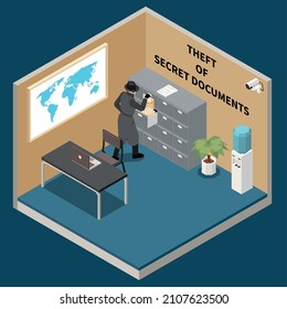 Spy wearing black cloak hat and glasses steals secret documents 3d isometric vector illustration