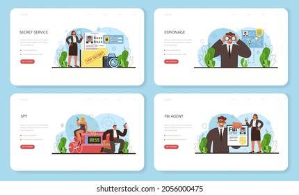 Spy web banner or landing page set. Secret agent or fbi investigating crime. Protection of espionage, cyberattack and terrorist. Special secret service. Flat vector illustration