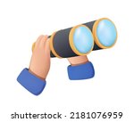 Spyglass 3D vector icon. Binoculars vector illustration, Hands holding binoculars, big eyes looking forward through lenses. Search view, spying. Future strategy, business opportunity, exploration