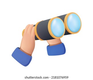 Spyglass 3D vector icon. Binoculars vector illustration, Hands holding binoculars, big eyes looking forward through lenses. Search view, spying. Future strategy, business opportunity, exploration