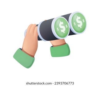 Spyglass 3D vector icon. Binoculars vector illustration, Searching money, finance opportunities, financial goal. Looking through binoculars, seeing investment income, earnings growth. 3D vector