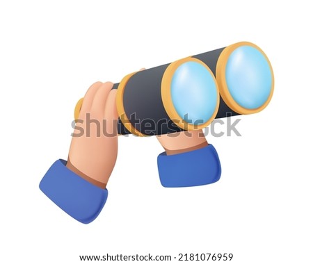 Spyglass 3D vector icon. Binoculars vector illustration, Hands holding binoculars, big eyes looking forward through lenses. Search view, spying. Future strategy, business opportunity, exploration