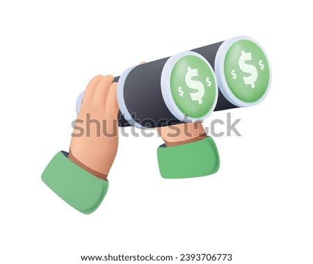 Spyglass 3D vector icon. Binoculars vector illustration, Searching money, finance opportunities, financial goal. Looking through binoculars, seeing investment income, earnings growth. 3D vector