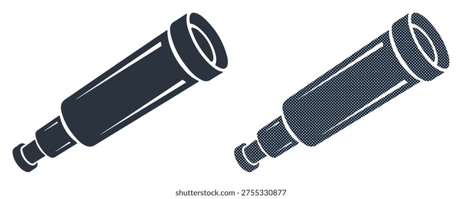 Spyglass icon, solid and dotted. Old exploration tool illustration.