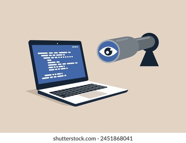 Spyglass in keyhole. Employee search, internet stalking, espionage. Flat vector illustration