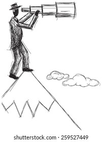 Spyglass A man looking into the future with a telescopic spyglass on a mountaintop. 