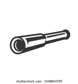 Spyglass, herramienta pirata atrevida silueta negra aislada en fondo blanco. Telescopio, pictograma de campo. Elemento vectorial de equipos náuticos monoculares, de lente de aumento para infografía, web.