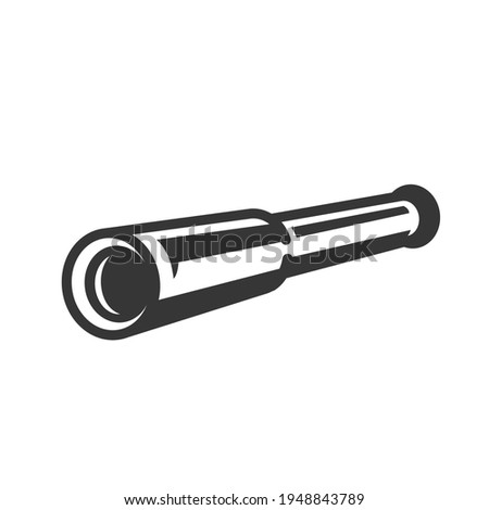 Spyglass, pirate tool bold black silhouette icon isolated on white background. Telescope, field scope pictogram. Monocular, magnifying lens nautical equipment vector element for infographic, web.