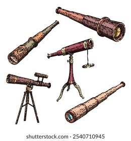 Conjunto de spyglass dibujado a mano. náutico marítimo, telescopio de latón, boceto de Vector de spyglass de explorador clásico. ilustración a color aislada