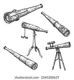 Conjunto de spyglass dibujado a mano. náutico marítimo, telescopio de latón, boceto de Vector de spyglass de explorador clásico. ilustración negra aislada